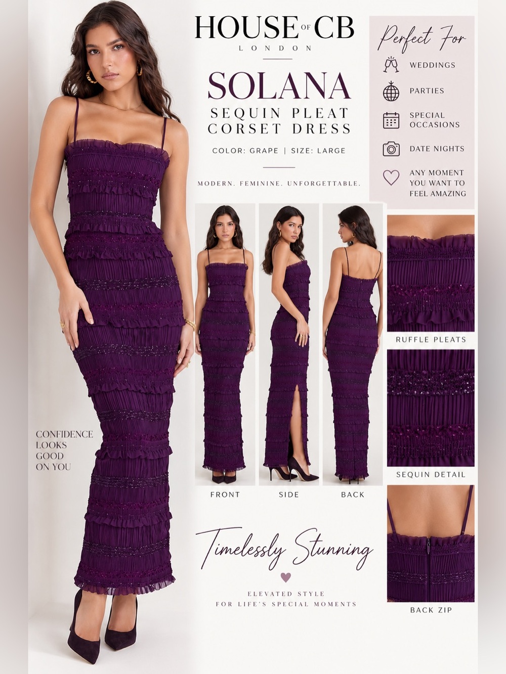 House of CB Solana Grape Sequin Pleat Corset Maxi Dress Large NWOT